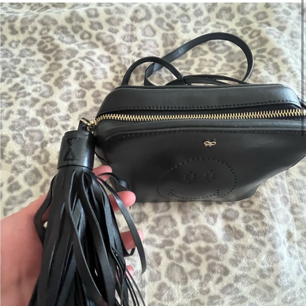 Anya Hindmarch Smiley Eyes Black Leather Crossbody Bag Tassel - Picture 2 of 8